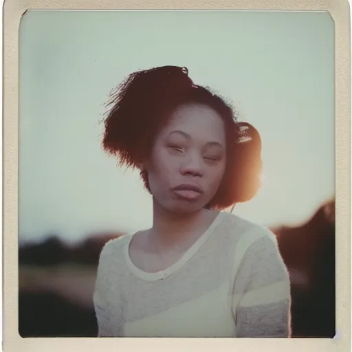 Image similar to a polaroid portrait of a beautiful young woman, detailed clouds, lit from behind, sunshine, golden hour, heavy film grain, color bleed