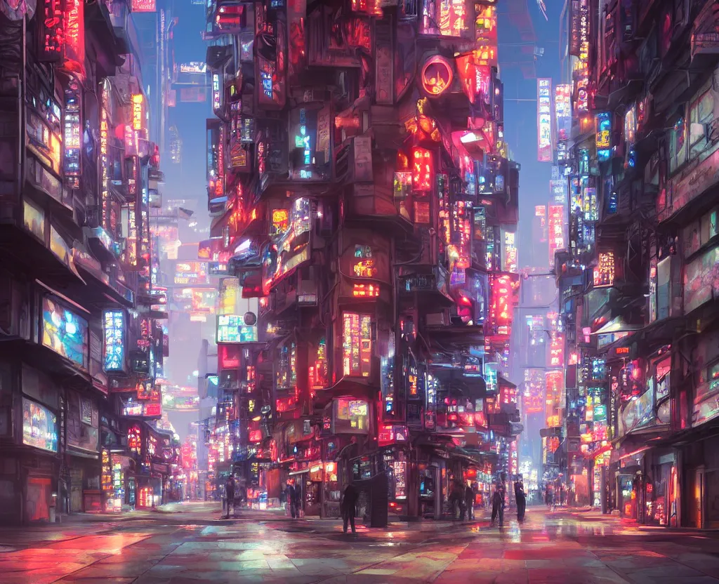 Prompt: three point perspective close wide angle shot of a matte painting environment design of Tokyo alley with neon lights and advertisements, artstation, ultra realistic, volumetric lighting, 4k, unreal engine, octane render, art by Artgerm and Greg Rutkowski and Alphonse Mucha