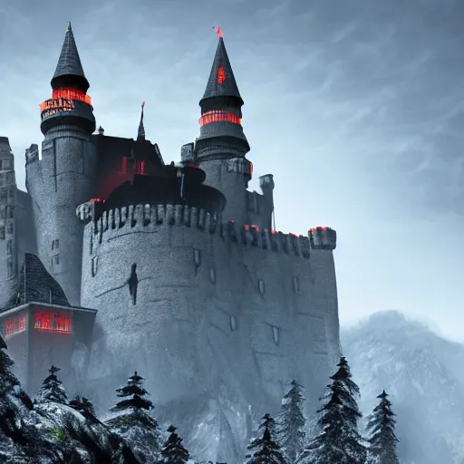 Image similar to wolfenstein castle, giant castle in mountains, scary, creepy, at night