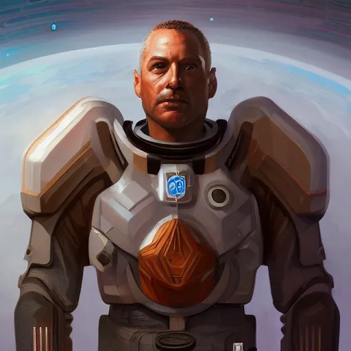 Prompt: A portrait of a space admiral, D&D, sci-fi, elegant, hopeful, muscular, highly detailed, digital painting, artstation, concept art, smooth, sharp focus, illustration