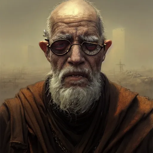 Prompt: portrait painting of a post - apocalyptic blind older american man wearing monk garbs, ultra realistic, concept art, intricate details, eerie, highly detailed, photorealistic, octane render, 8 k, unreal engine. art by artgerm and greg rutkowski and charlie bowater and magali villeneuve and alphonse mucha