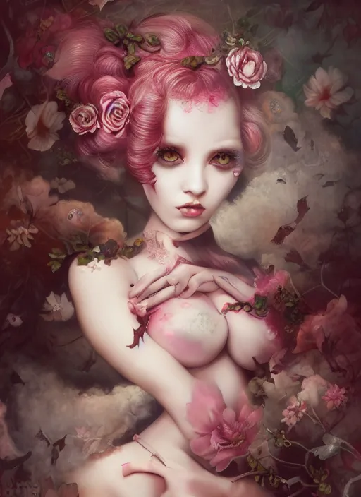 Image similar to pop surrealism, lowbrow art, realistic cute seductive girl painting, japanese street fashion, hyper realism, muted colours, rococo, natalie shau, loreta lux, tom bagshaw, mark ryden, trevor brown style,