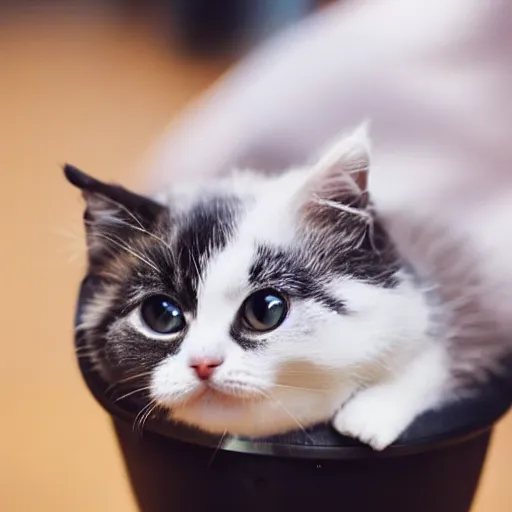 Prompt: very very very very very very very cute chibi adorable beautiful munchkin cat in a cup, professional foot photography