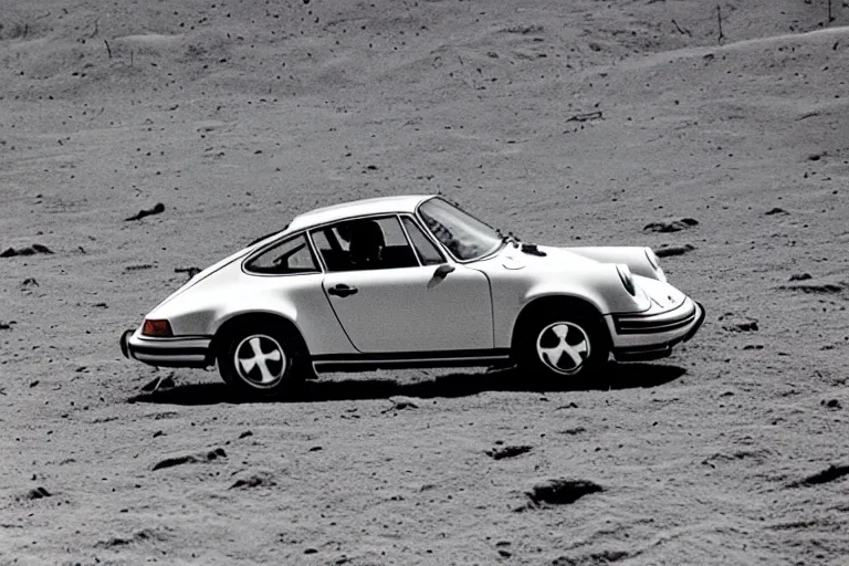 Image similar to vintage photo of a porsche 911 on the moon being driven by an astronaut. wide shot. apollo moon landing