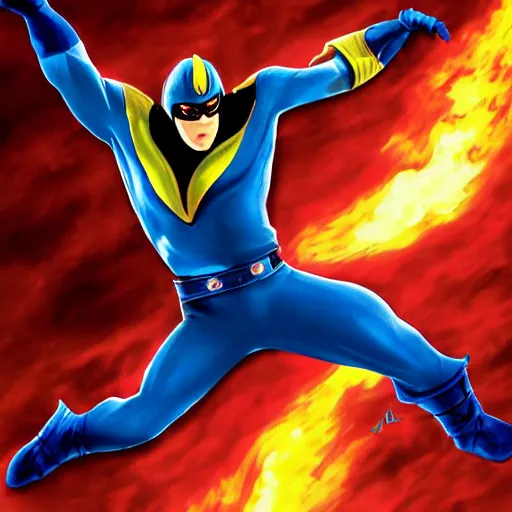 Image similar to captain falcon leaping out of the blue falcon, fire, epic, realistic by michael bay