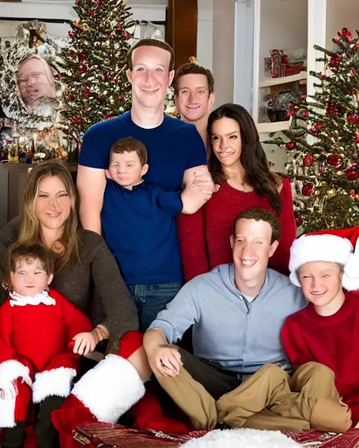 Image similar to postcard showing 'zuckerberg's christmas family pictures' laying on coffee table, zoomed out, HD, iphone capture