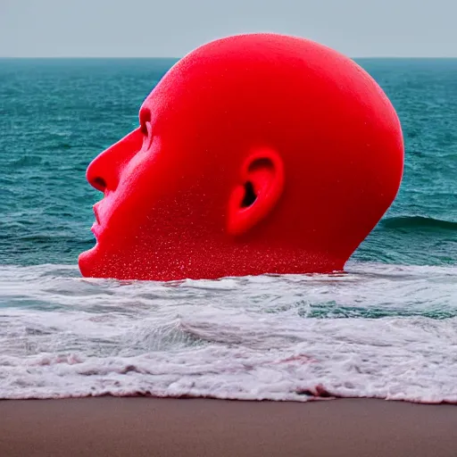 Image similar to a giant human head sculpture in the sea made out of eatable red jelly, in the style of chad knight, long shot, hyper detailed, hyper realistic, ray tracing, 8 k resolution, sharp focus, realistic water, award winning