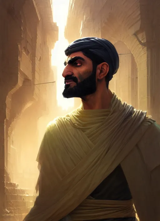 Prompt: highly detailed portrait arab man superhero, fighter, yellow charcoal, stephen bliss, 8 k, unreal engine, fantasy art by greg rutkowski, loish, rhads, ferdinand knab, makoto shinkai and lois van baarle, ilya kuvshinov, rossdraws, tom bagshaw, global illumination, radiant light, detailed and intricate environment