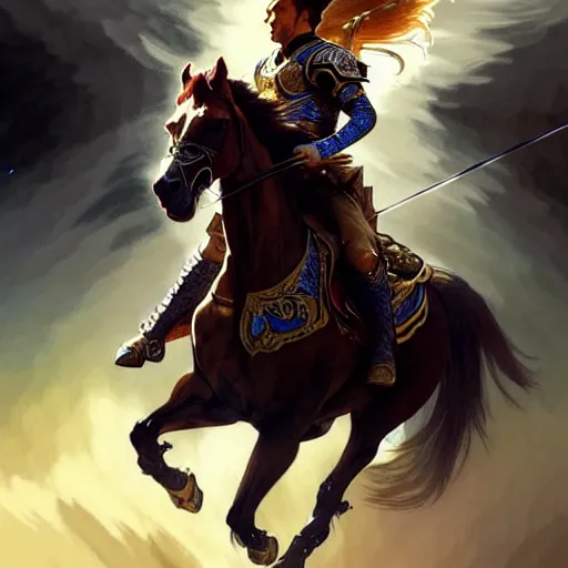Prompt: Lionel Messi riding a majestic horse, D&D, fantasy, intricate, elegant, highly detailed, digital painting, artstation, concept art, matte, sharp focus, illustration, art by Artgerm and Greg Rutkowski and Alphonse Mucha