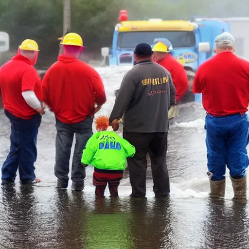 Prompt: eric cartman in real life, helping to rescue victims of a hurricane in louisiana, photograph