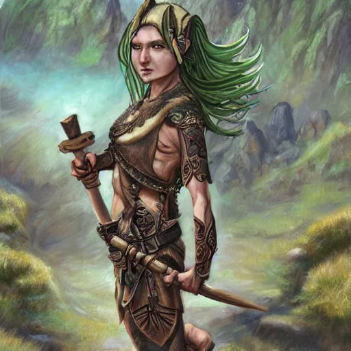 Prompt: Androgynous wood elf, extensive tattoos, leather tunic, green hair in topknot, carrying carved bone staff. Exterior city scene, middle ages, evening sunlight. Professional oil painting, high fantasy, detailed