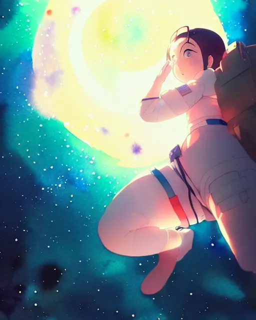 Image similar to oriental water color of a cute thicc astronaut woman, floating through space, backlit, by makoto shinkai and krenz cushart