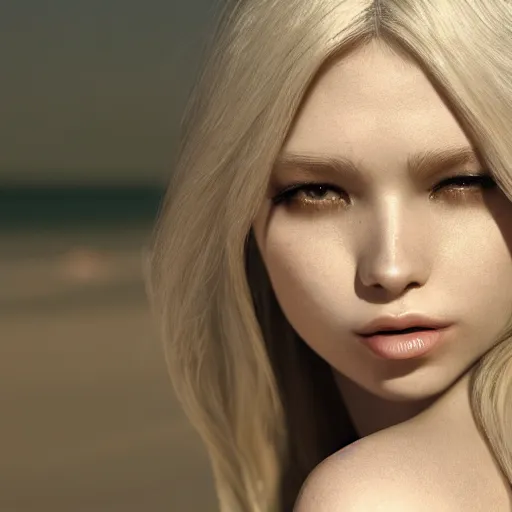 Prompt: woman with long blonde hair wearing white clothing siting on a beach, beautiful, 8k, highly detailed, photorealistic, smooth texture, octane render, cgi, artgerm, digital artwork, professional art, sakimichan, rutkowski, sharp focus, ambient lighting, depth of field, trending on artstation, perfect face, portrait, close up shot,