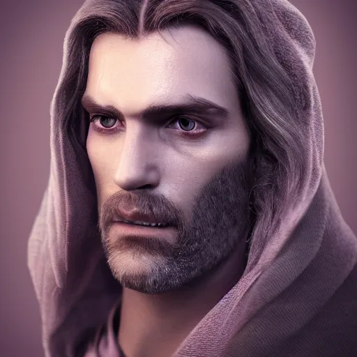 Image similar to a highly detailed portrait of a man without a beard, purple eyes, light gray long hair, wearing a black cloak, artstation, DeviantArt, professional, octane render