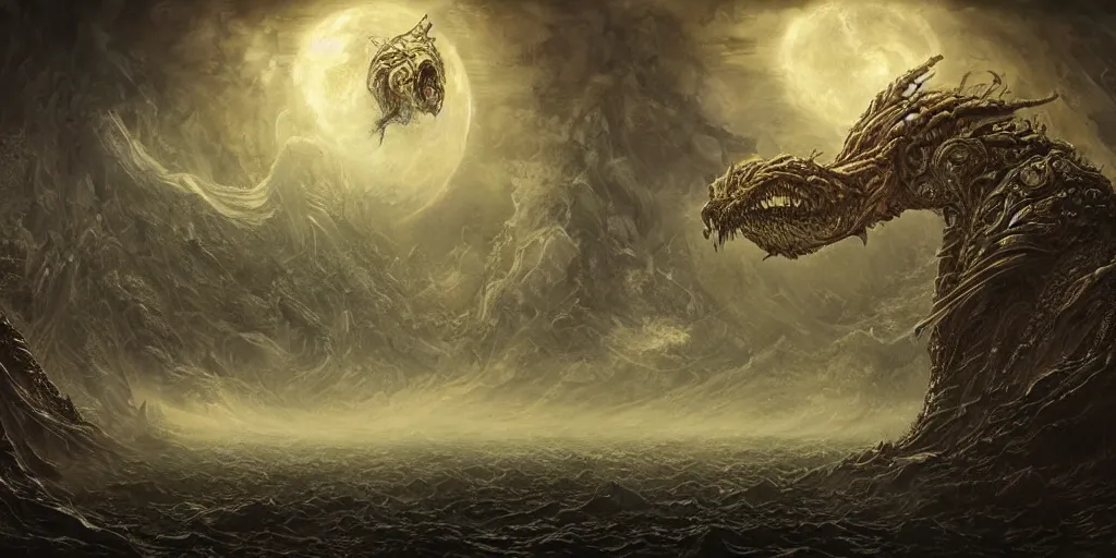 Image similar to concept art of giant alien kaiju, lovecraftian, renaissance, roaring, melting horror, round moon, rich clouds, fighting the horrors of the unknown, mirrors, very detailed, volumetric light, mist, grim, fine art, decaying, textured oil over canvas, epic fantasy art, very colorful, ornate scales, anato finnstark