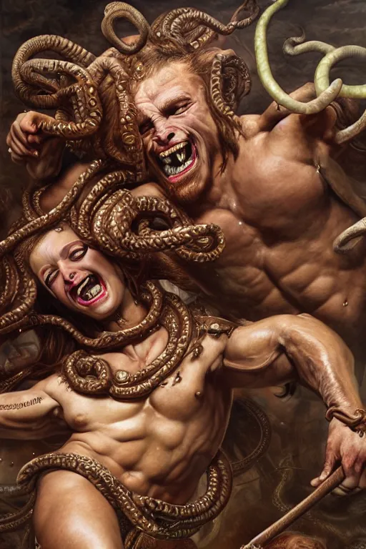 Image similar to minotaur vs medusa gorgon, realistic, detailed, highly detailed, hyper detailed, high definition, extremely detailed oil painting, beautiful composition, trending on artstation, award - winning photograph, masterpiece, intricate, portrait, 8 k highly professionally detailed, hdr, cgsociety