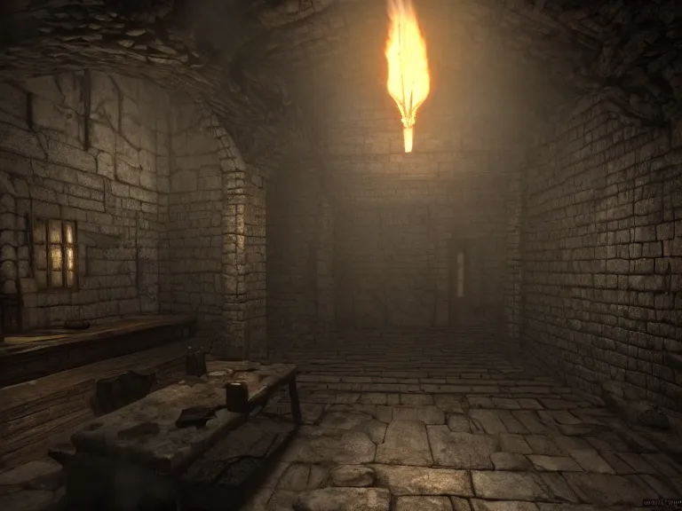 Image similar to delicious torch lit prison dungeon jail cell atmospheric unreal engine hyperreallistic render 8k character concept art masterpiece screenshot from the video game the Elder Scrolls V: Skyrim