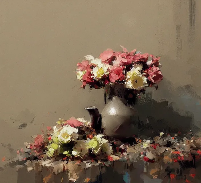 Prompt: a beautiful still life painting by Craig Mullins