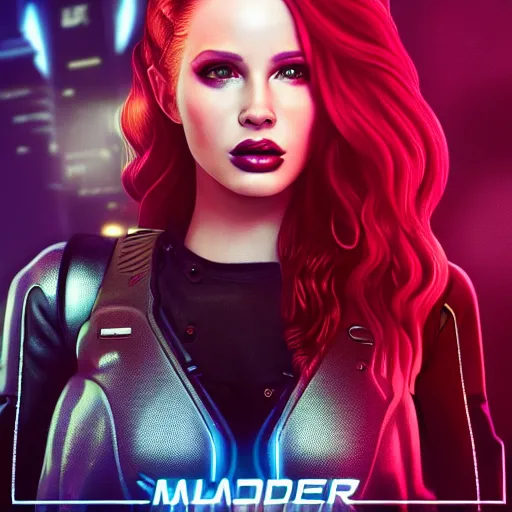 Image similar to madelaine petsch portrait, cyberpunk 2 0 7 7, cyberpunk judy alvarez, photorealistic, ultra detailed, neon, octane, bokeh, cinematic lighting, cyber, cyberpunk city, studio quality, feature, scars, cyberface, 8 k