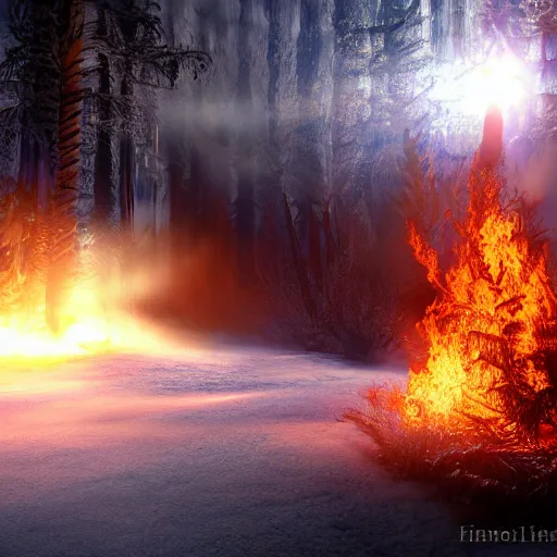 Prompt: frozen fire in cyperpunk style, high definition, lens flares