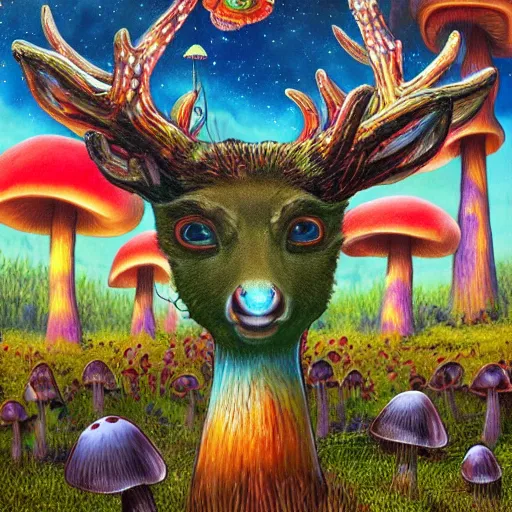 Image similar to 4 k headshot portrait of a psychedelic demonic anthropomorphic deer with mushroom themed clothes, magic mushroom village in background by jeff easley, award winning, stylized neon, post - processing, masterpiece, superb resolution. in the art style of junji ito and greg rutkowski. detailed mushroom city in background. hyper realistic anime. perfect art. dalle 2