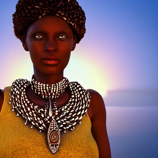 Prompt: scenic view of an African goddess, with bone necklace and honey eyes, wrapped stained clothes, full body, reflecting the sunlight in half of her face, photorealistic, 8k