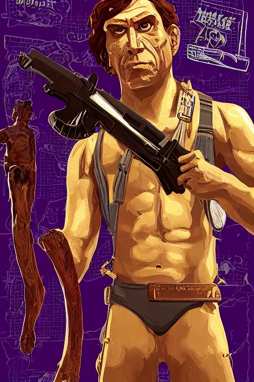 Image similar to saint homo neanderthalis, with book of science, on his right hand, and riffle, on his left hand, fix duplicate content!, violet polsangi pop art, gta chinatown wars art style, bioshock infinite art style, incrinate, realistic anatomy, hyperrealistic, two colors, white frame, content proportion