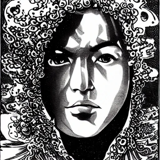 Prompt: black and white pen and ink!!!!!!! Yoshitaka Amano designed Guy Madison wearing cosmic space robes made of stars final form flowing royal hair golden!!!! Vagabond!!!!!!!! floating magic swordsman!!!! glides through a beautiful!!!!!!! Camellia!!!! Tsubaki!!! death-flower!!!! battlefield dramatic esoteric!!!!!! Long hair flowing dancing illustrated in high detail!!!!!!!! by Moebius and Hiroya Oku!!!!!!!!! graphic novel published on 2049 award winning!!!! full body portrait!!!!! action exposition manga panel black and white Shonen Jump issue by David Lynch eraserhead and beautiful line art Hirohiko Araki!! Rossetti, Millais, Mucha, Kentaro Miura, Jojo's Bizzare Adventure!!