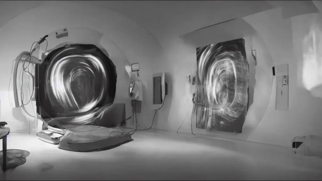 Prompt: an mri image in the living room, film still from the movie directed by denis villeneuve with art direction by salvador dali, wide lens