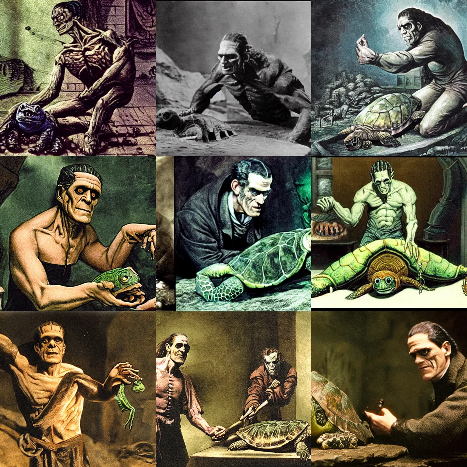 Prompt: foto of frankenstein reanimating a turtle, restored to color