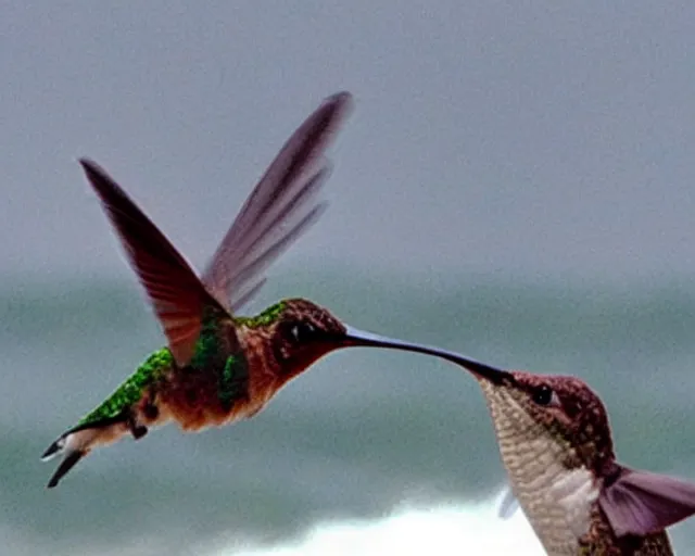 Image similar to photograph of a GIANT!!! hummingbird eating a shark!!