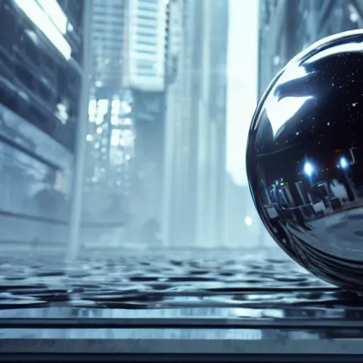 Image similar to photo of a chrome blob in a dystopian future technological singularity cinematic establishing wide shot infinitesimal ultrawide