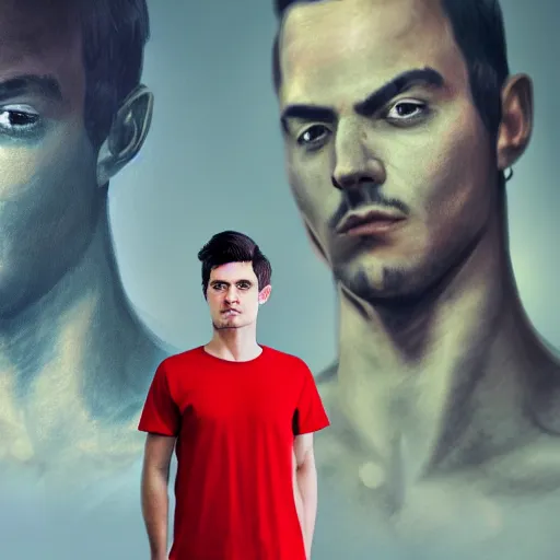 Image similar to a guy with short dark hair on his side, dressed in a red t - shirt, stands still against the backdrop of digital art, 8 k, character, realism, anime, portrait