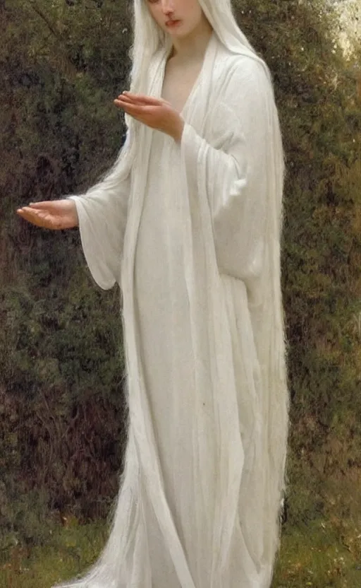 Prompt: say who is this with silver hair so pale and wan! and thin!? female angel in white robes flowing hair fair body, white dress!! of silver hair, covered!!, clothed!! lucien levy - dhurmer, fernand keller, oil on canvas, 1 8 9 6, 4 k resolution, aesthetic, mystery