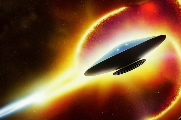 Prompt: a cinematic still of an epic sci-fi spaceship near a black hole, highly detailed