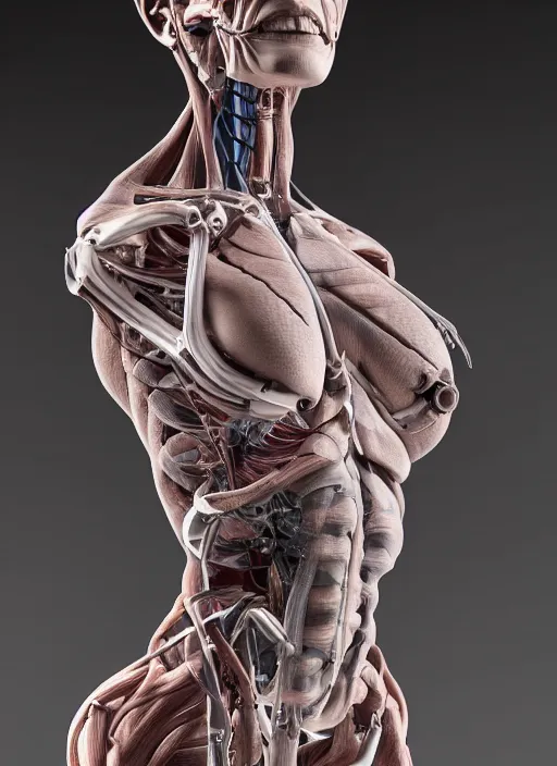 Image similar to a full body sculpture of anatomical female detailed cyborg, veins, ceramic base, orthographic, studio lighting