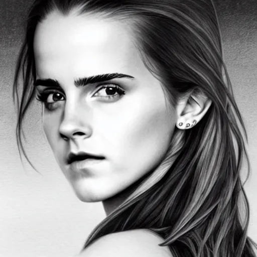 Image similar to pencil drawing of emma watson wearing a latex suit in a beach, beautiful piercing eyes, hyper realistic face, in the style of greg rutkowski, fantasy, amazing detail, epic, elegant, smooth