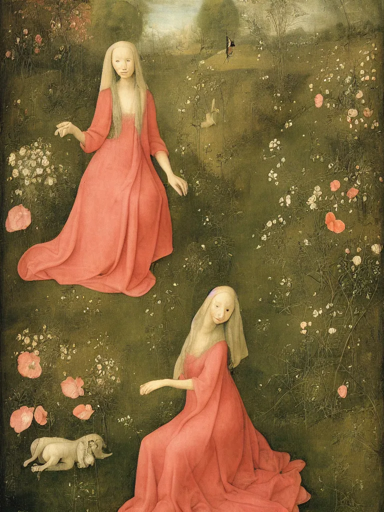 Image similar to beautiful woman with long golden hair, wearing chiffon dress, sitting among large flowers in the garden, in the style of hieronymus bosch,