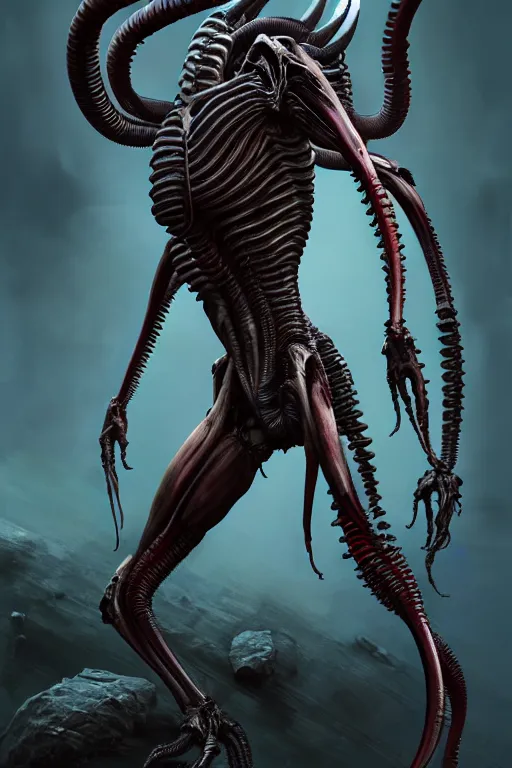 Image similar to full body of xenomorph, aggressive, au naturel, hyper detailed, digital art, trending in artstation, cinematic lighting, studio quality, frostbite 3 engine rendered, octane render, art style by klimt and nixeu and ian sprigger and wlop and krenz cushart