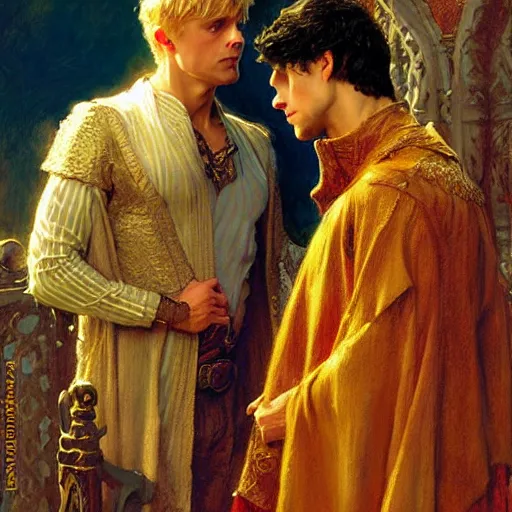 Image similar to handsome arthur pendragon in love with handsome merlin the mage. merlin is also in love with arthur. highly detailed painting by gaston bussiere, craig mullins, j. c. leyendecker