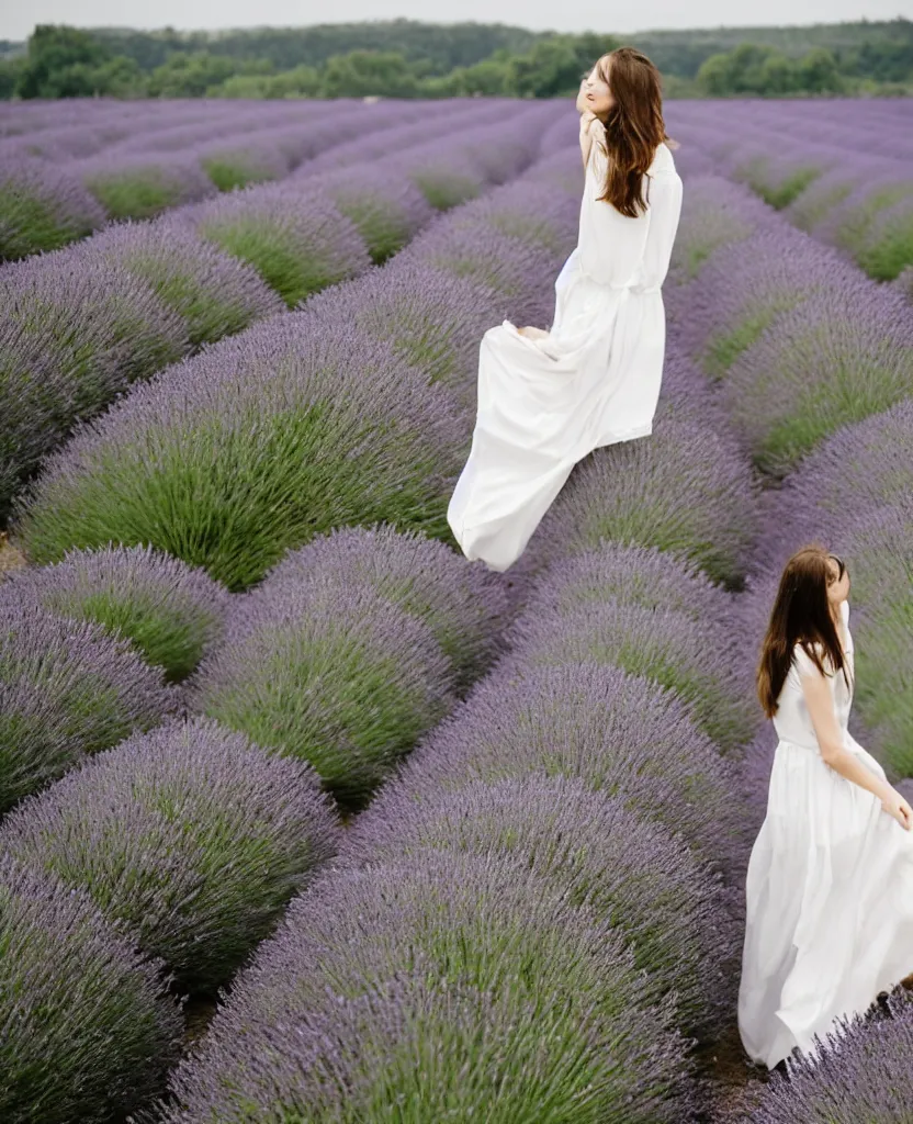 Image similar to dream A portrait of a French woman, mid-20s, wearing a white flowing dress, in a lavender field in France, 85mm, 1.2, Kodak Portra, trending on Instagram