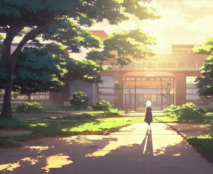 Image similar to a school building peaceful and serene incredible perspective, soft lighting, 4K, Your Name., Beautiful, ultra detailed, anime scenery concept art by Makoto Shinkai