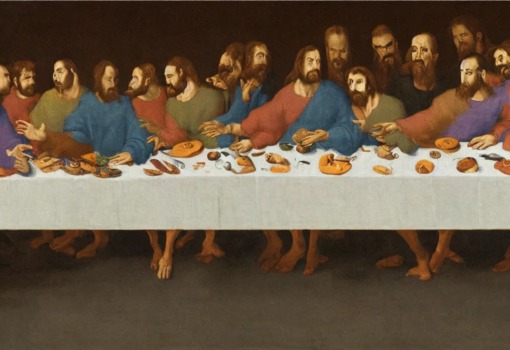 Image similar to last supper painted by francis bacon 8 k, hyperdetailed