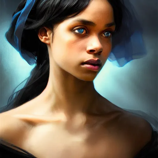 Prompt: a Photorealistic dramatic hyperrealistic bright blue eyes, African American girl, black hair, white veil,by WLOP,Artgerm,Greg Rutkowski,Alphonse Mucha, Beautiful dynamic dramatic dark moody lighting,shadows,cinematic atmosphere,Artstation,concept design art,Octane render,8k, trending on artstation