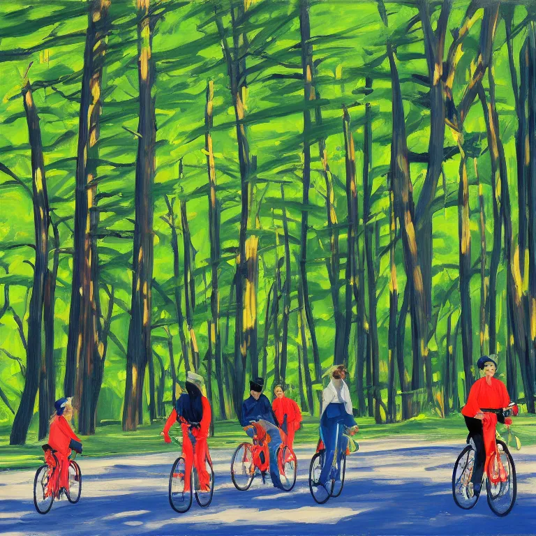 Image similar to riding neon bycicles in the woods, painted by Alex Katz, painted by Edward Hopper, airbrush