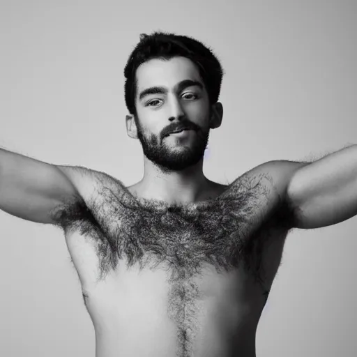 Image similar to high-resolution photograph of a lad showing off his hairy armpits