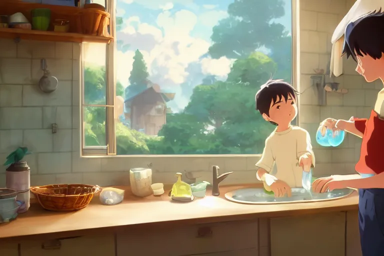Prompt: a wholesome animation key shot of a boy and his sister washing dishes, medium shot, waist up, studio ghibli, pixar and disney animation, sharp, rendered in unreal engine 5, anime key art by greg rutkowski, bloom, dramatic lighting