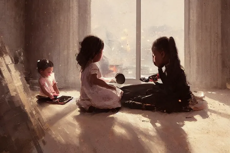 Prompt: little girl eating oreos, her baby sister is playing video games, the little girls are black, a beautiful painting , by greg rutkowski and kalin popov , trending on artstation hd