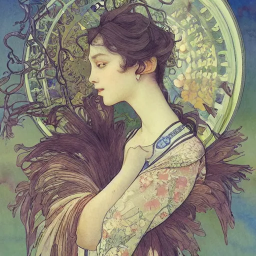 Image similar to a beautiful intricate watercolor illustration of a surreal animals in a serene landscape, 4 k, ultra - wide angle, by william turner, by victo ngai, by alphonse mucha, by miho hirano, by ellen jewett, hd, trending on artstation, hyper detailed, muted colors