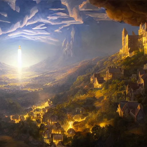 Prompt: aerial view of a hilly medieval town situated below an orb of light hanging in the sky. bright orb, by alan lee by peter mohrbacher, trending on artstation sharp focus vfx key shot